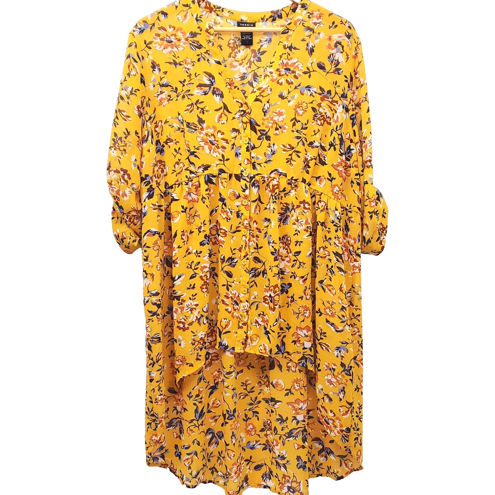 Read! Torrid Top Plus Size 1 Yellow Floral Roll Tab 3/4 Sleeve Womens 1X 1XL